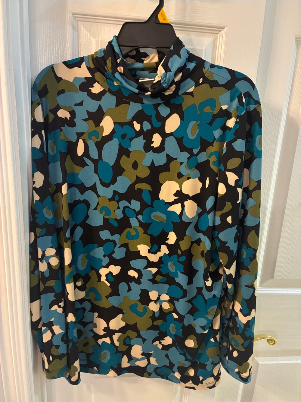 Susan Graver Teal Blue & Olive Retro Floral Turtleneck Long Sleeve Top SZ L
